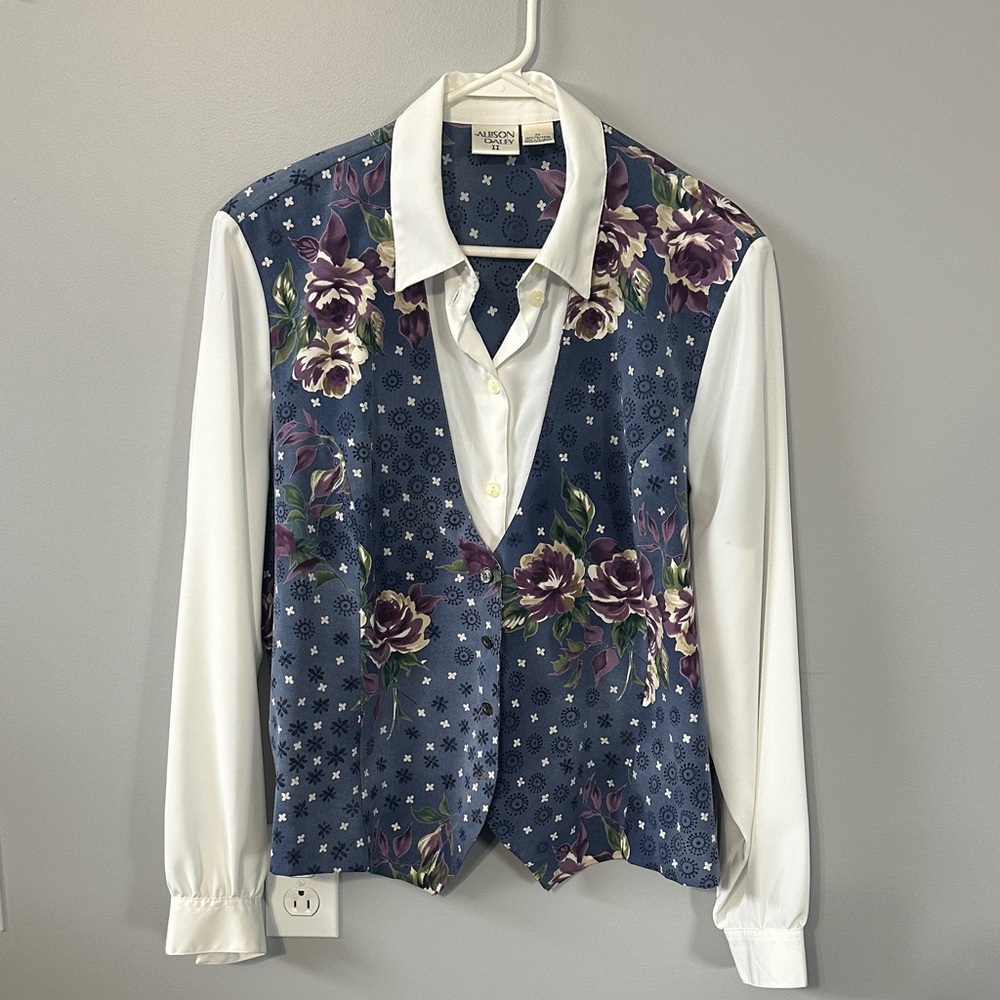 Allison Daley Blue and Purple Floral Vest with White Shirt